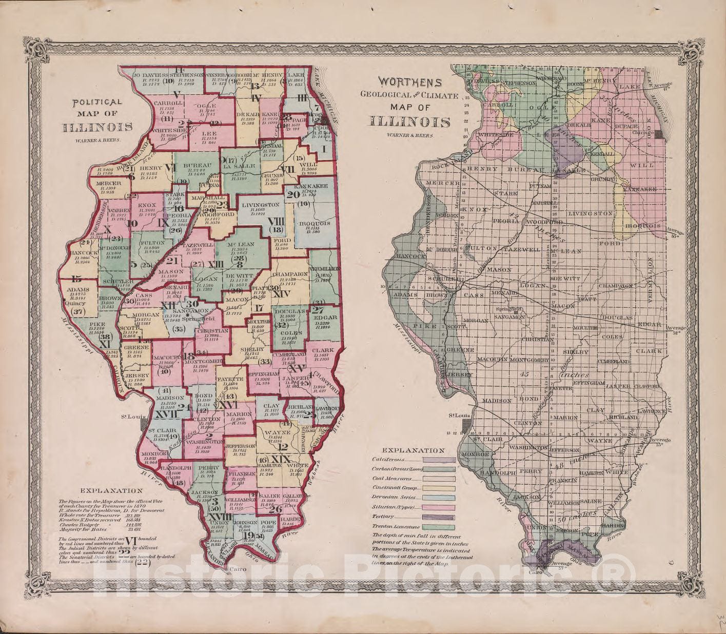 Historic 1870 Map - Atlas of Marshall Co. and The State of Illinois - Political map of Illinois - Atlas of Marshall County and The State of Illinois