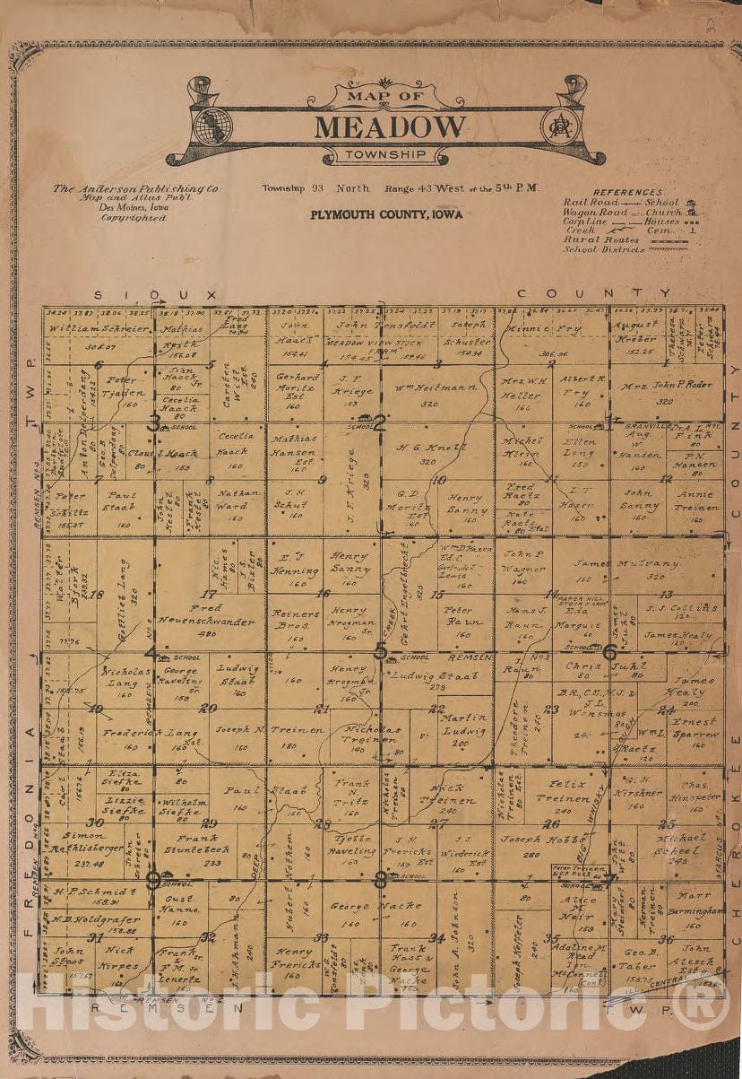 Historic 1921 Map Atlas of Plymouth County, Iowa Meadow Township