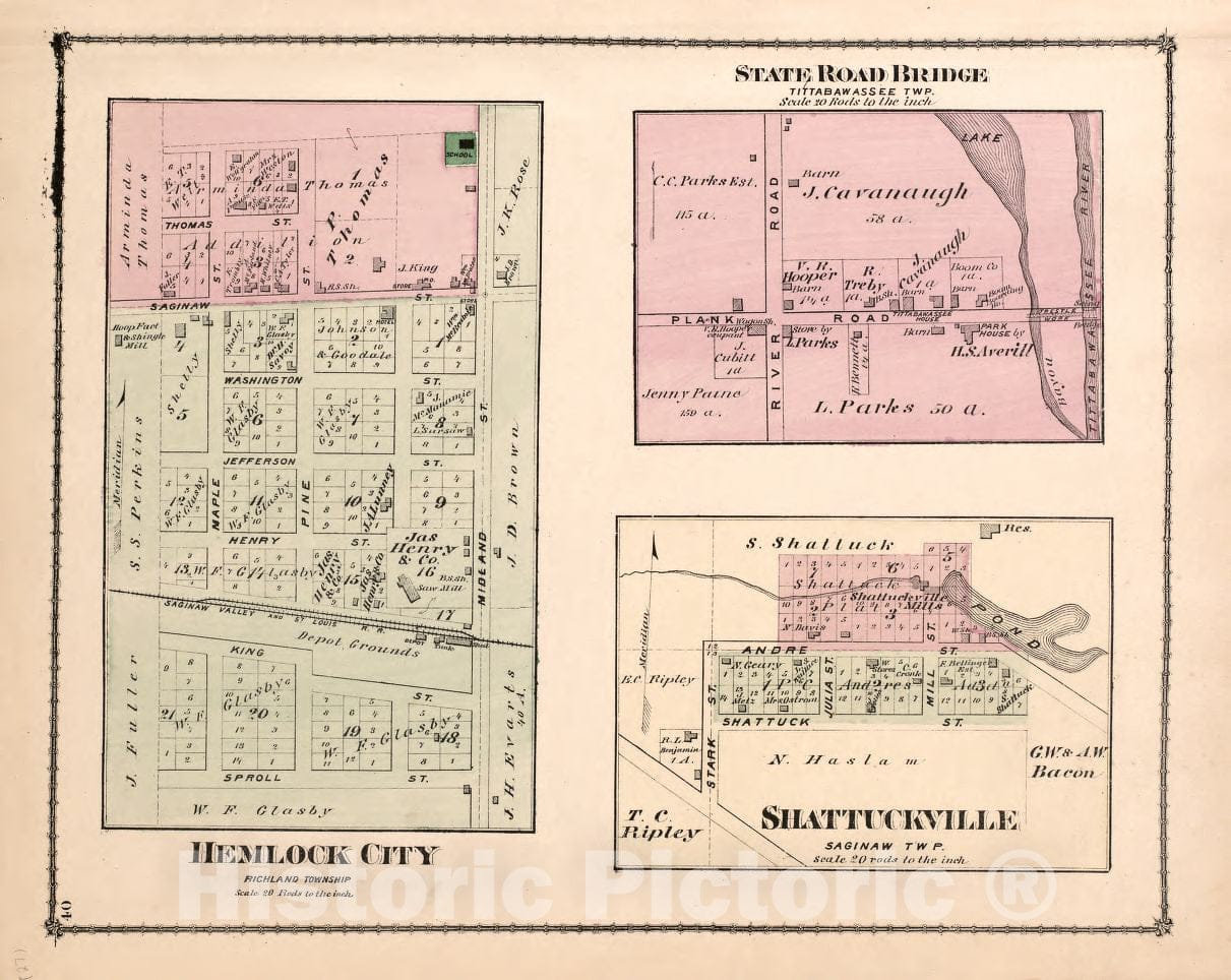 Historic 1877 Map - Atlas of Saginaw Co, Michigan - Hemlock City, State Road Bridge, Shattuckville - Atlas of Saginaw County, Mich.