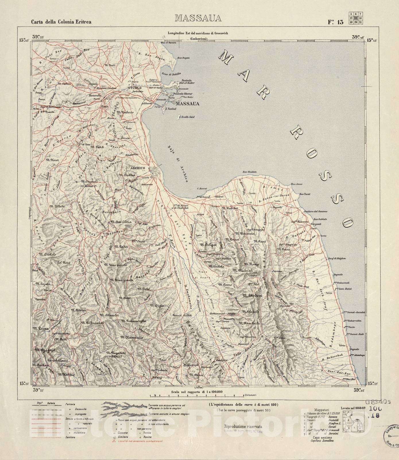 Historic 1889 Map - Carta Della Colonia Eritrea. - Massaua - F.13-1882 -  Historic Pictoric