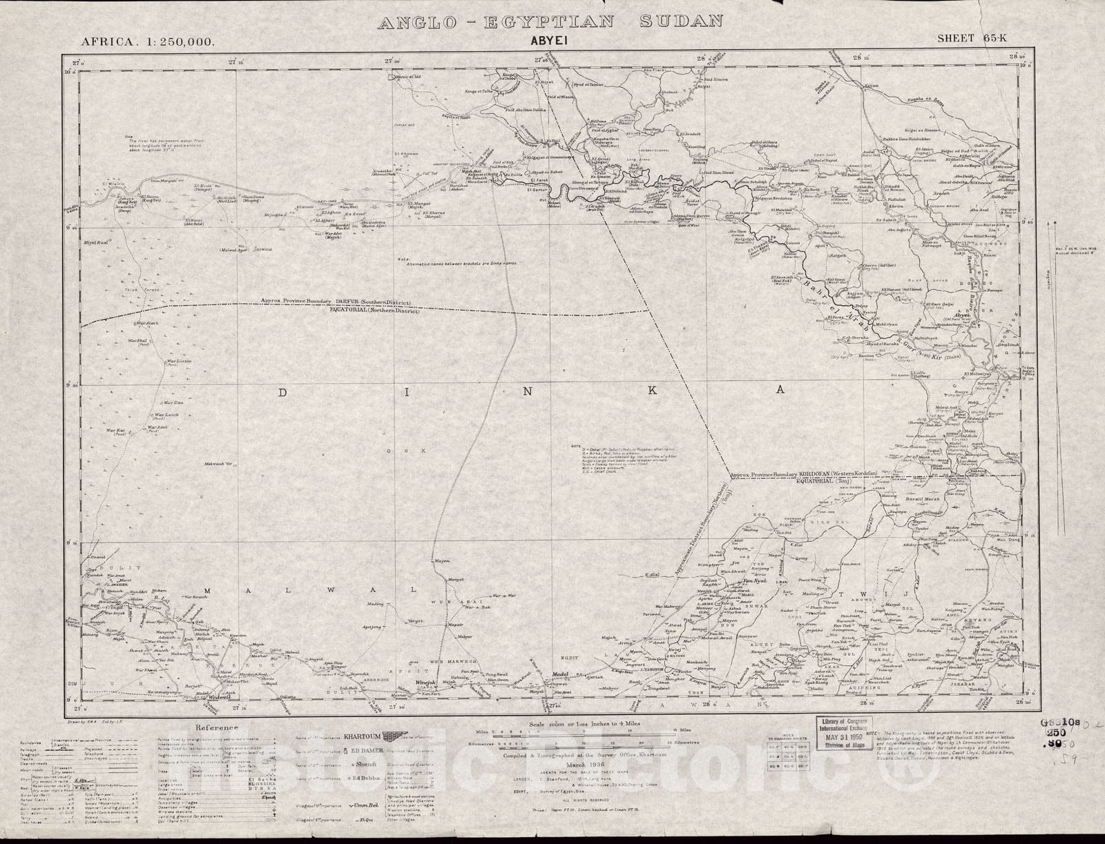 Historic 1909 Map - Sudan 1:250,000 - Abyei Sheet 65-K Mar 1936 - Anglo-Egyptian Sudan
