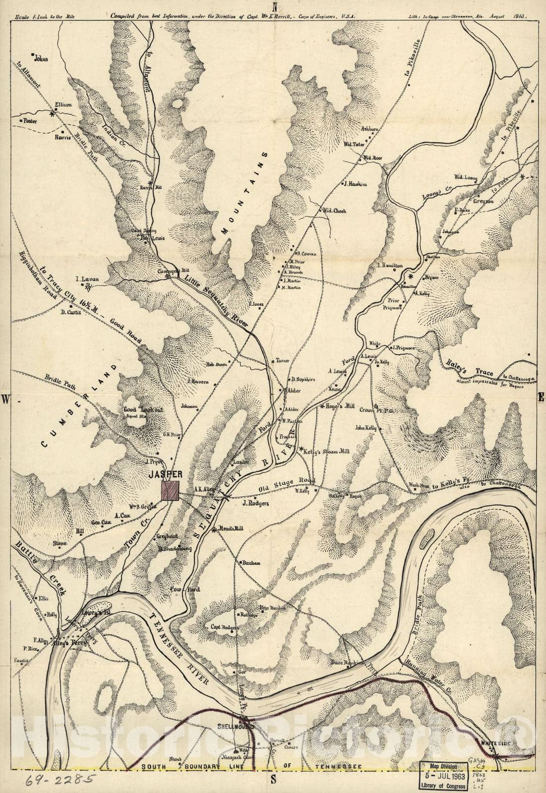 Historic 1863 Map - Chattanooga Region - Map of Jasper, Tennessee and Vicinity