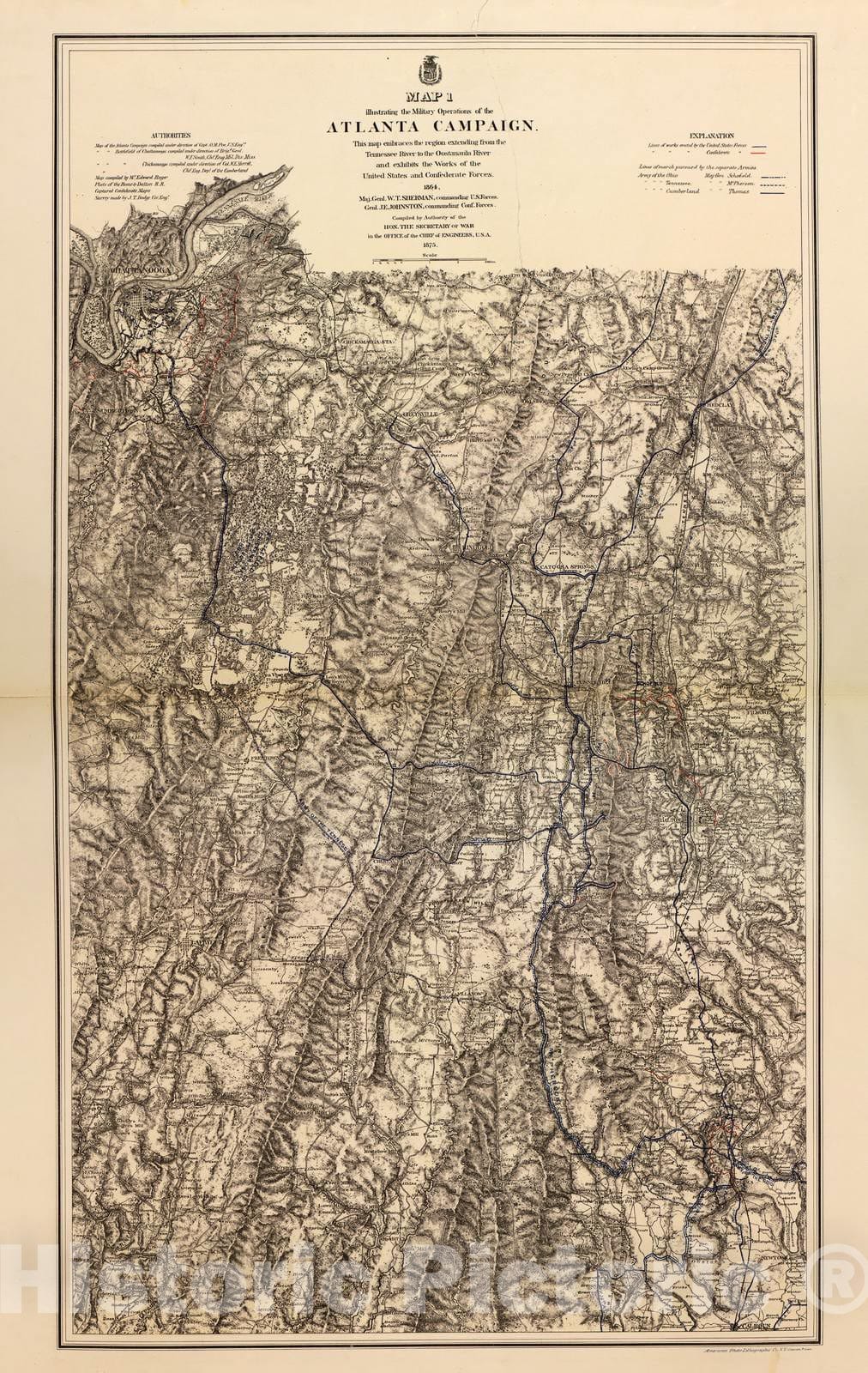 Historic 1879 Map - Military maps. - Atlanta Campaign, Including Tennessee River to The Oostanaula River Region