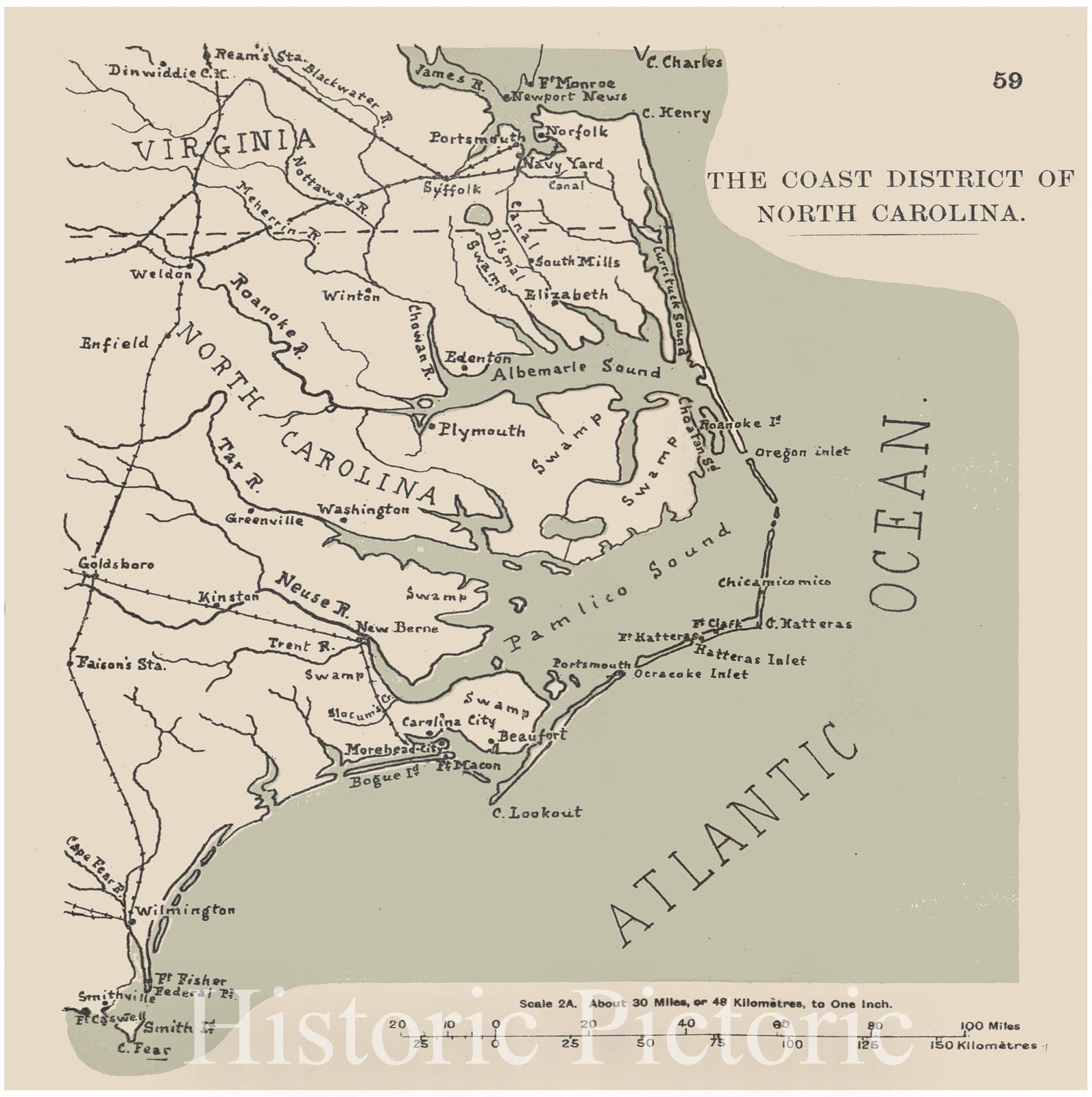 Historic 1910 Map - The American Civil War-maps. - Coast District of North Carolina 2