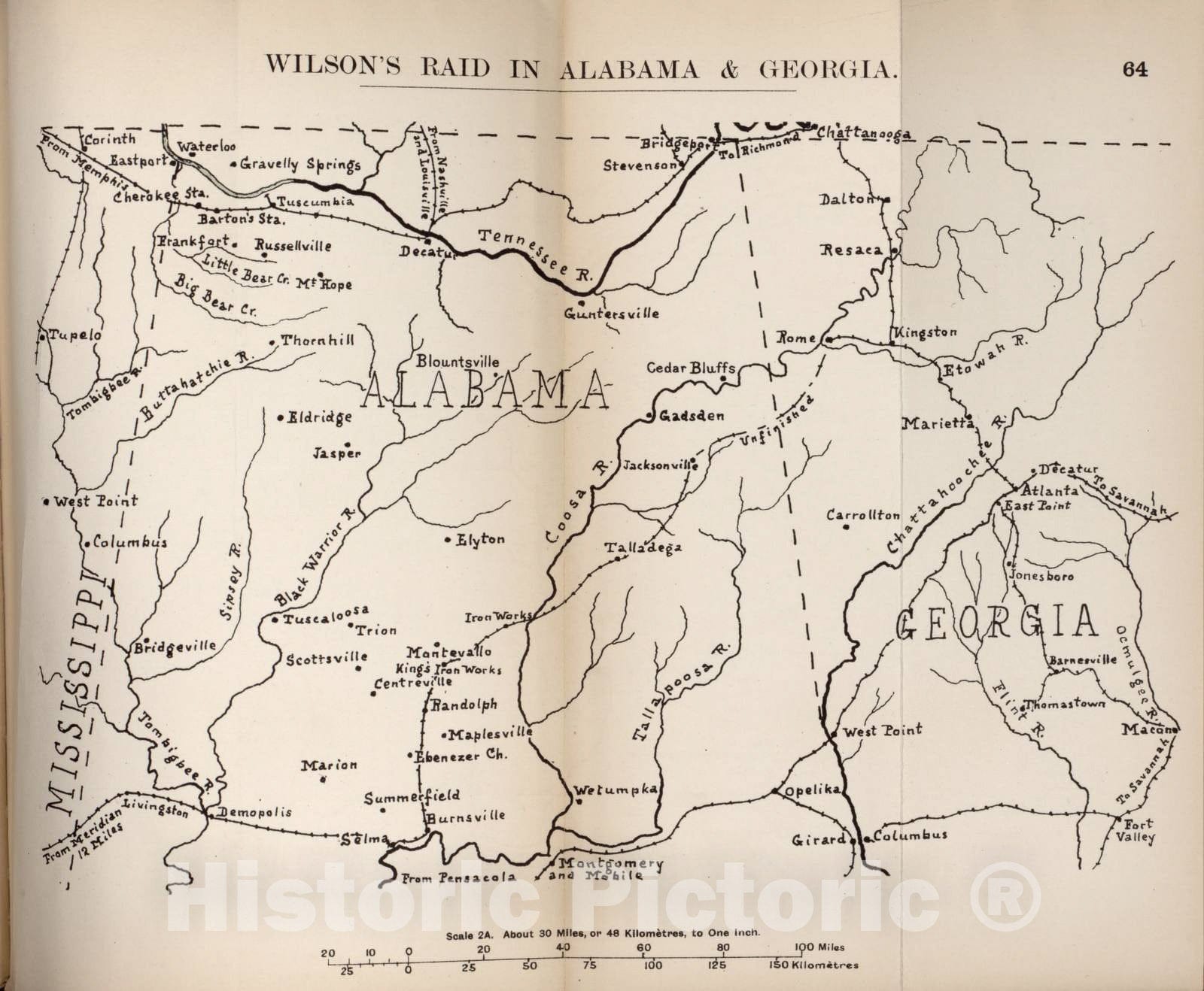 Historic 1910 Map - The American Civil War-maps. - Wilson's raid in Alabama and Georgia 2
