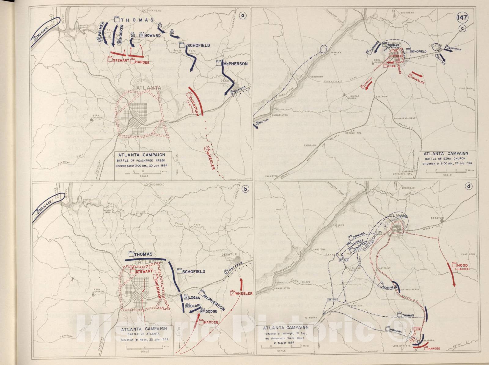 Historic 1962 Map - The West Point Atlas of The Civil War - Atlanta Campaign,Battles of Peachtree Creek,Atlanta, Ezra Church, July-Aug. 1864