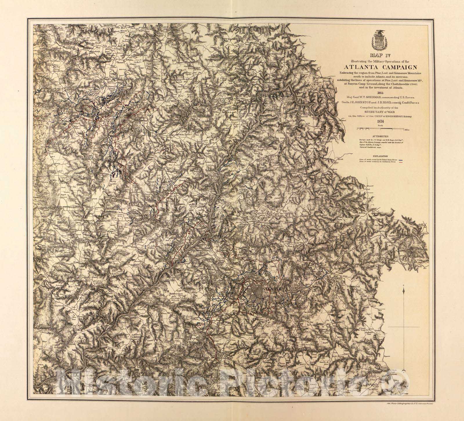 Historic 1879 Map - Military maps. - Atlanta Campaign, Includes Pine, Lost, and Kennesaw Mountains;Smyrna Camp Ground