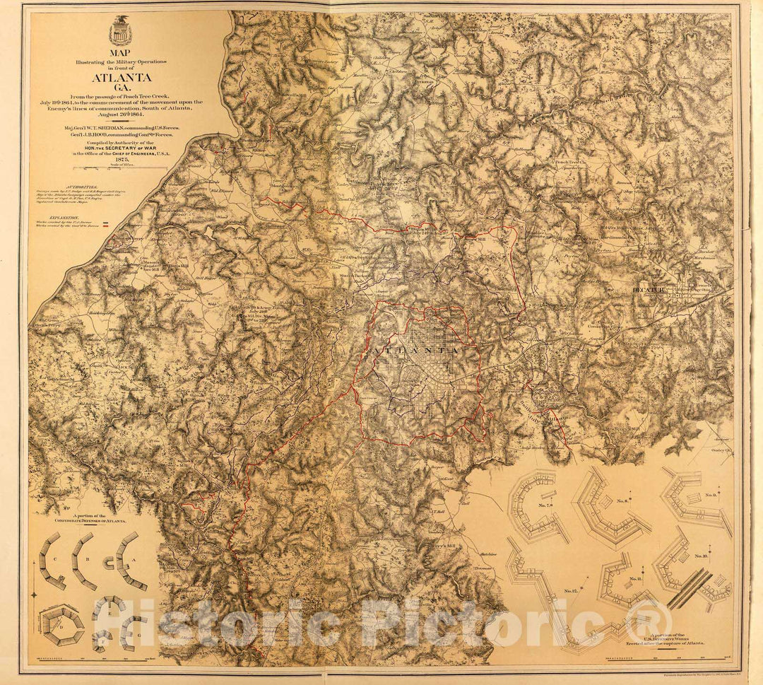 Historic 1879 Map - Military maps. - Military Operations in Atlanta, Ga, Includes Peach Tree Creek, 1864