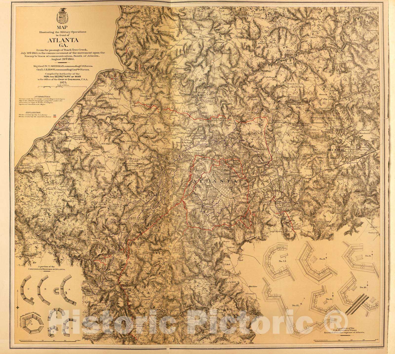 Historic 1879 Map - Military maps. - Military Operations in Atlanta, Ga, Includes Peach Tree Creek, 1864