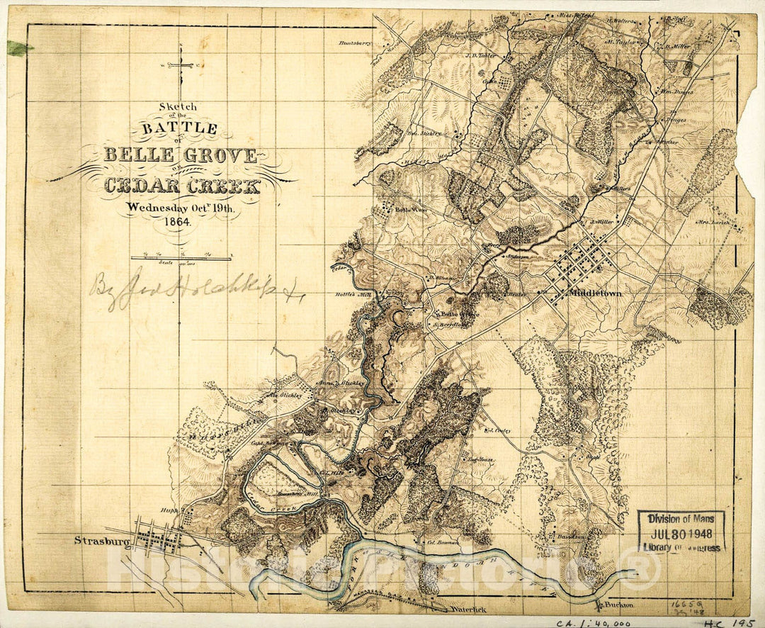 Historic 1864 Map - Sketch of The Battle of Belle Grove or Cedar Creek, Wednesday, Oct'r 19th, 1864 1
