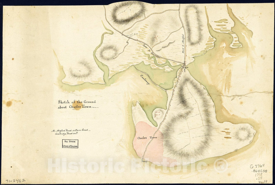 Historic 1775 Map - Sketch of The Ground About Charles Town.