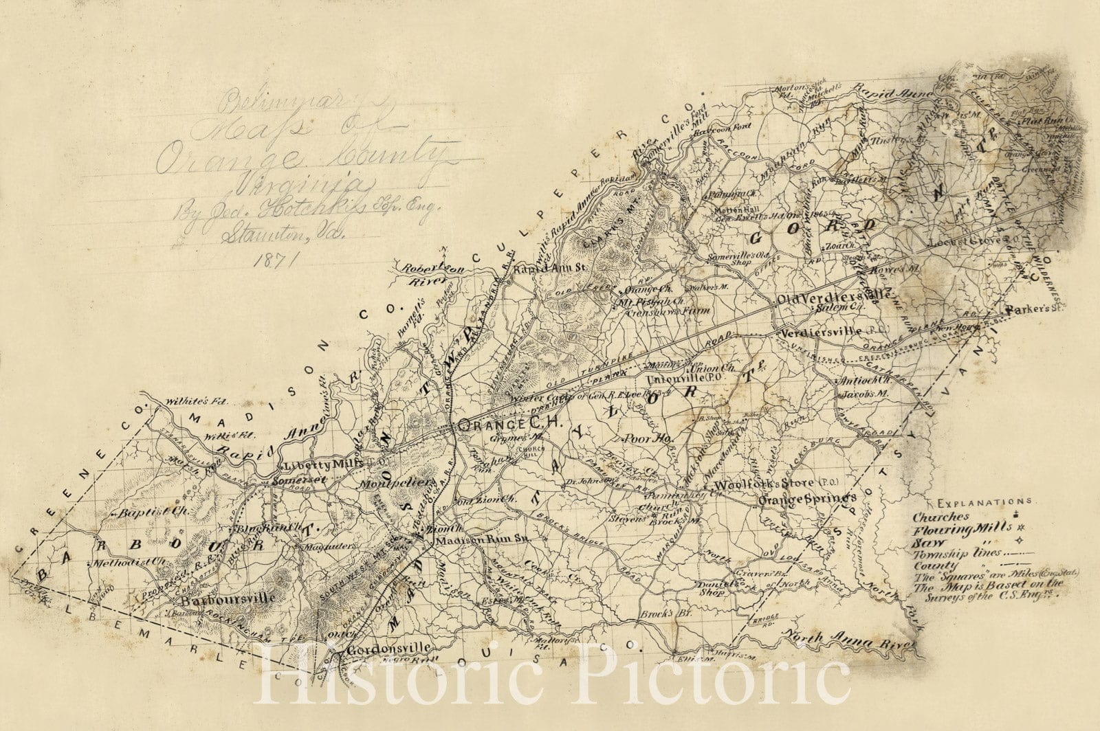 Historic 1871 Map - Preliminary map of Orange County, Virginia