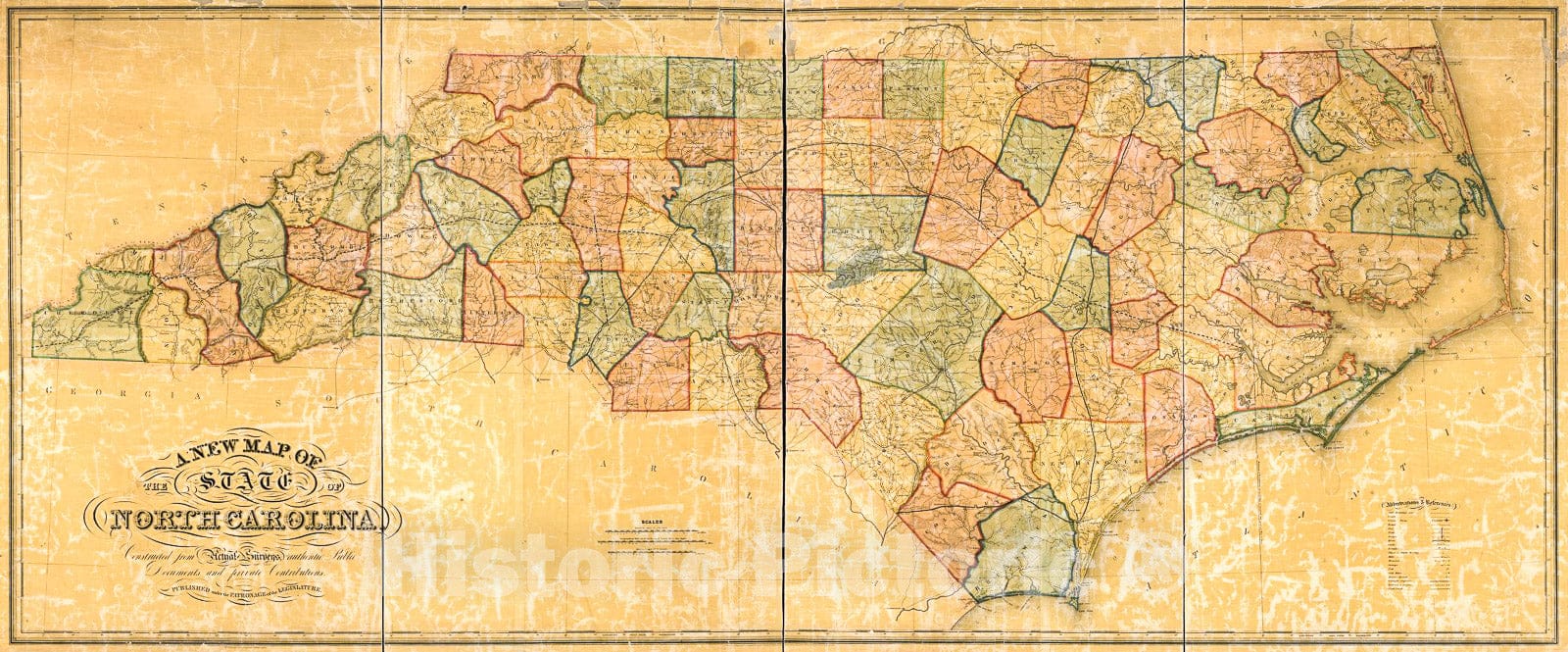 Historic 1854 Map - A New map of The State of North Carolina : Constructed from Actual surveys, Authentic Public documents and Private contributions.