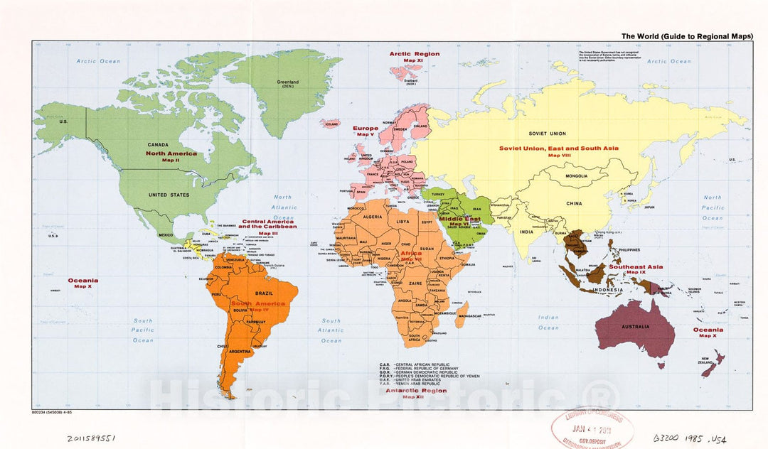 Historic 1985 Map - The World (Guide to Regional maps).