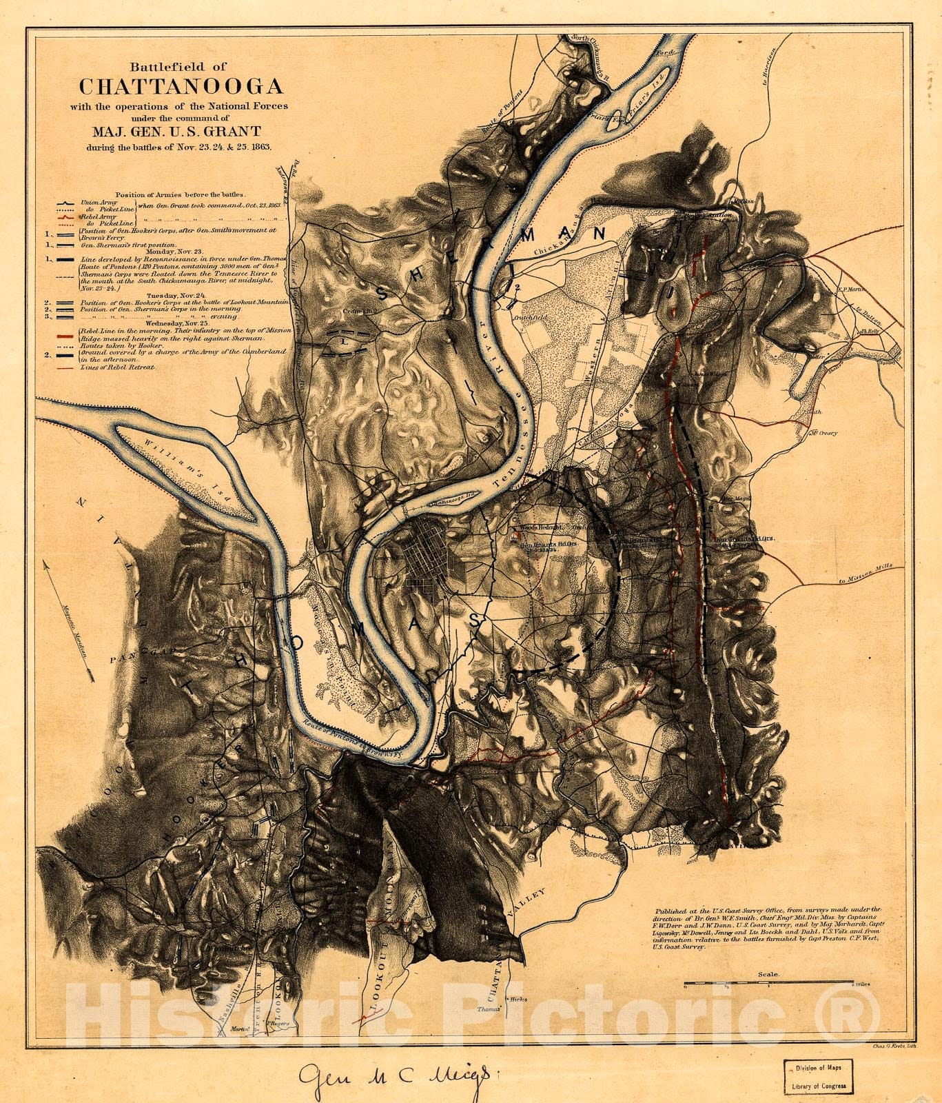 Historic 1863 Map - Battlefield of Chattanooga with The Operations of The National Forces Under The Command of Maj. Gen. U.S. Grant During The Battles of Nov. 23, 24, 25, 1863,