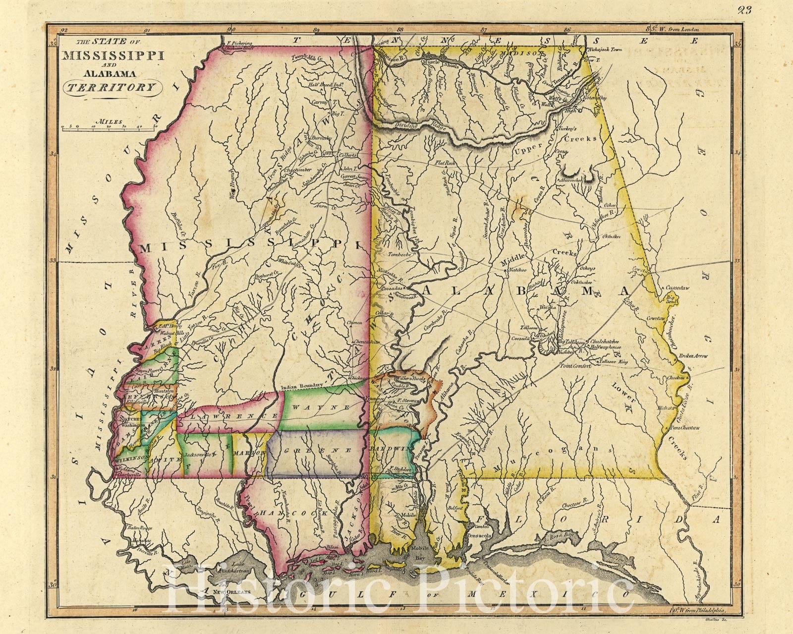Historic 1810 Map - The State of Mississippi and Alabama Territory.