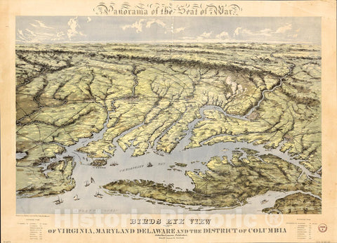 Historic 1861 Map - Panorama of The seat of war. Birds Eye View of Virginia, Maryland, Delaware, and The District of Columbia 1