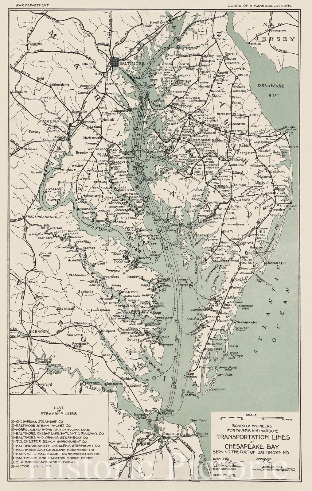 Historic 1926 Map - Transportation Lines of Chesapeake Bay Serving The Port of Baltimore MD