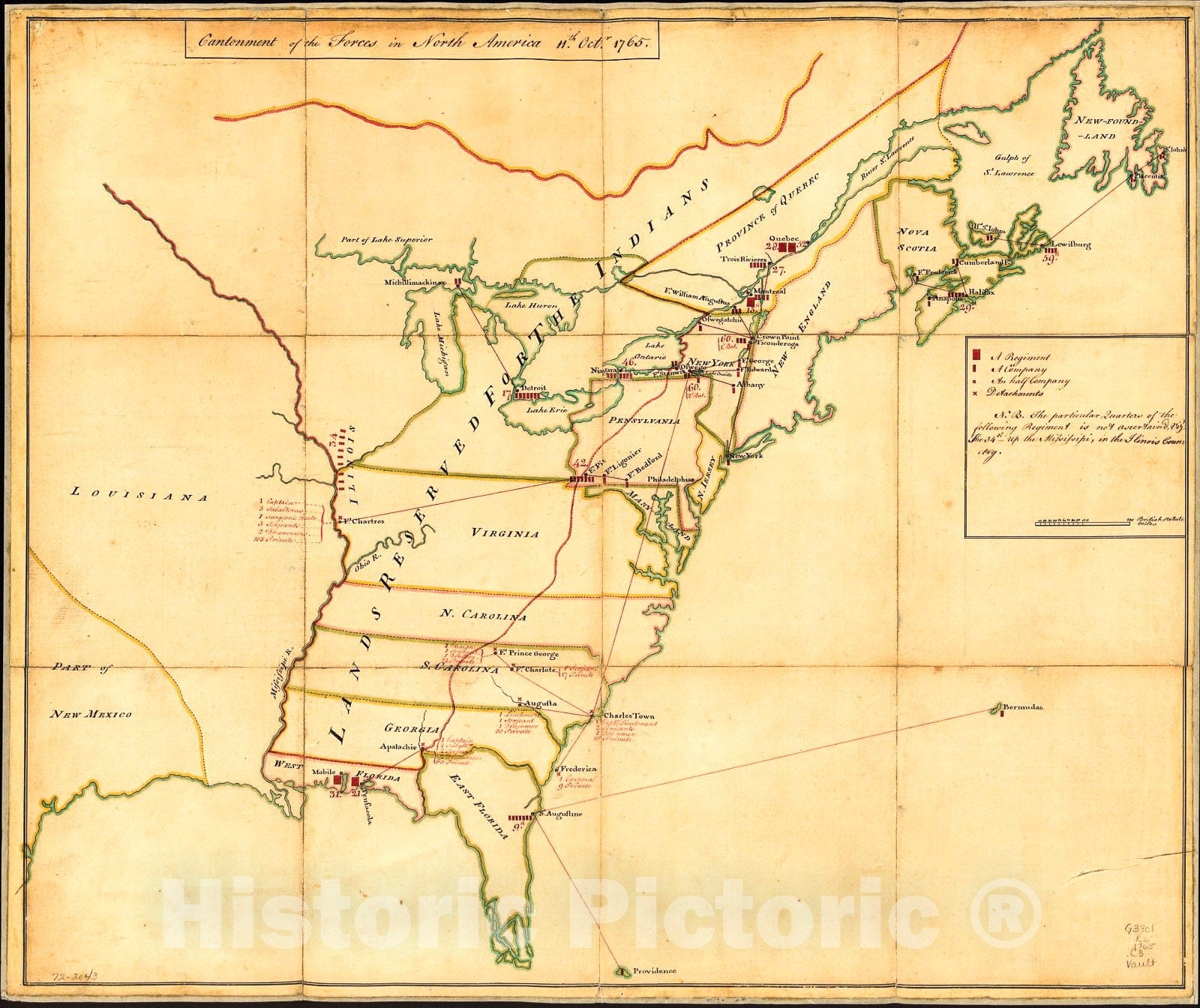 Historic 1765 Map - Cantonment of The Forces in North America 11th. Octr. 1765.