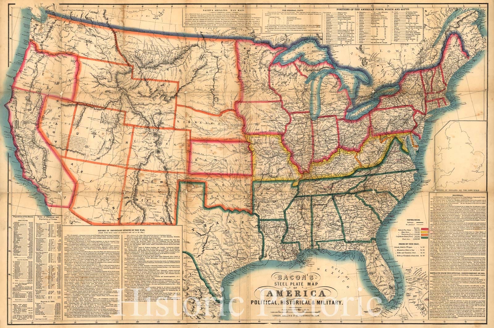 Historic 1863 Map - Bacon's Steel Plate map of America, Political, Historical & Military.