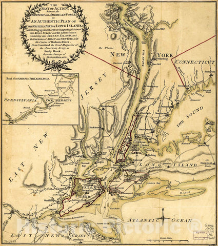 Historic 1776 Map - The seat of Action, Between The British and American Forces; or, an Authentic Plan of The Western Part of Long Island, with The Engagement of The 27th August 1776