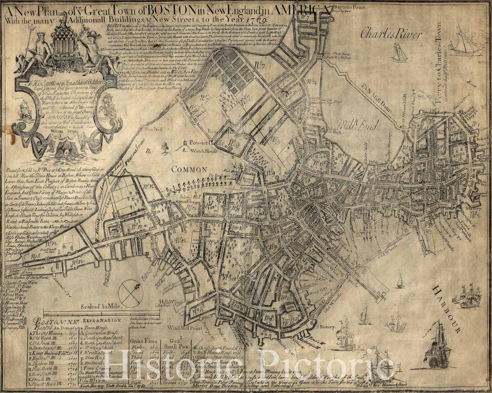 Historic 1769 Map - A New Plan of ye Great Town of Boston in New England in America with The Many additionall Buildings & New Streets, to The Year, 1769.