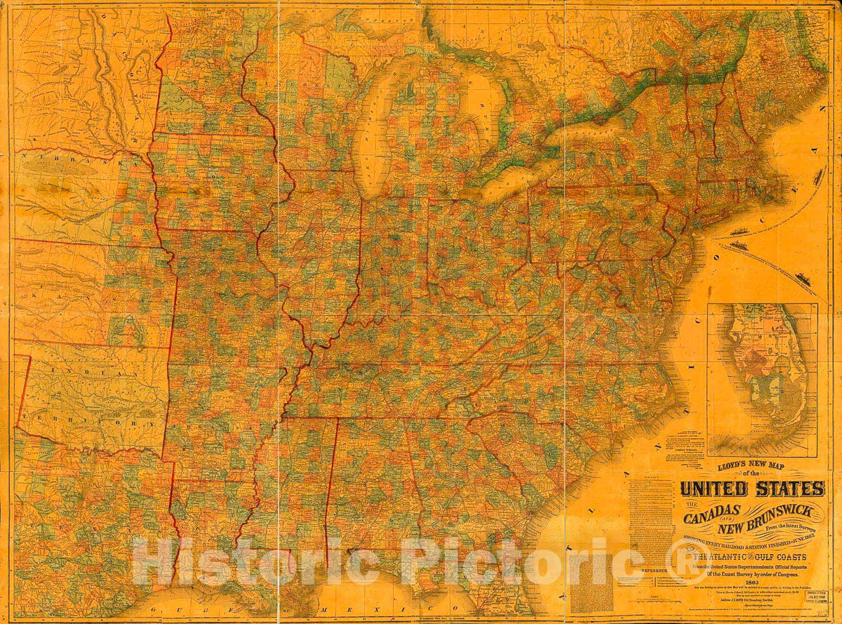 Historic 1863 Map - Lloyd's New map of The United States, The Canadas ...