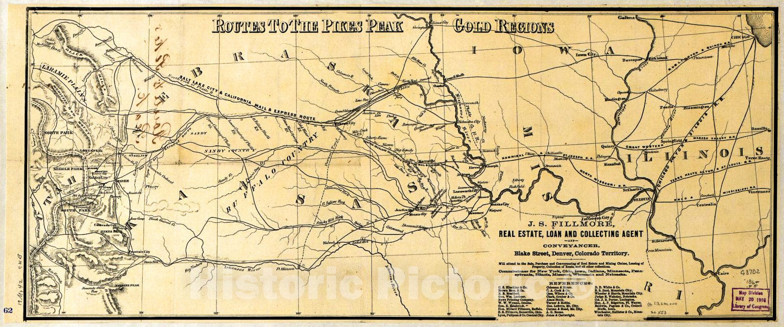 Historic 1860 Map - Routes to The Pikes Peak Gold Regions.