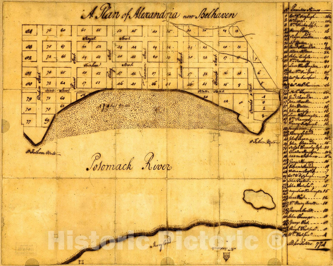 Historic 1749 Map - A Plan of Alexandria, Now Belhaven.