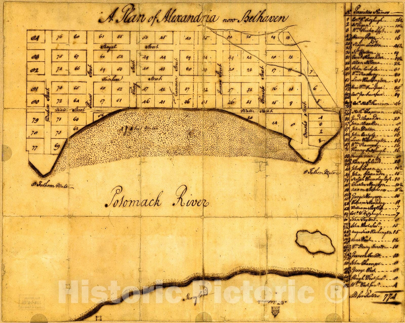 Historic 1749 Map - A Plan of Alexandria, Now Belhaven.