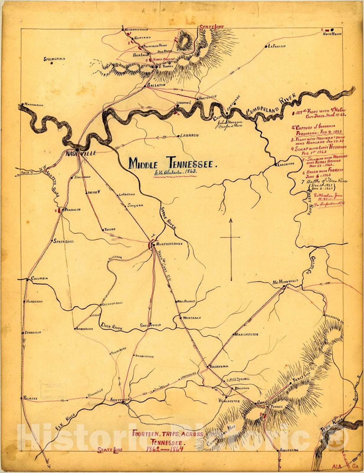 Historic 1863 Map Middle Tennessee Historic Pictoric