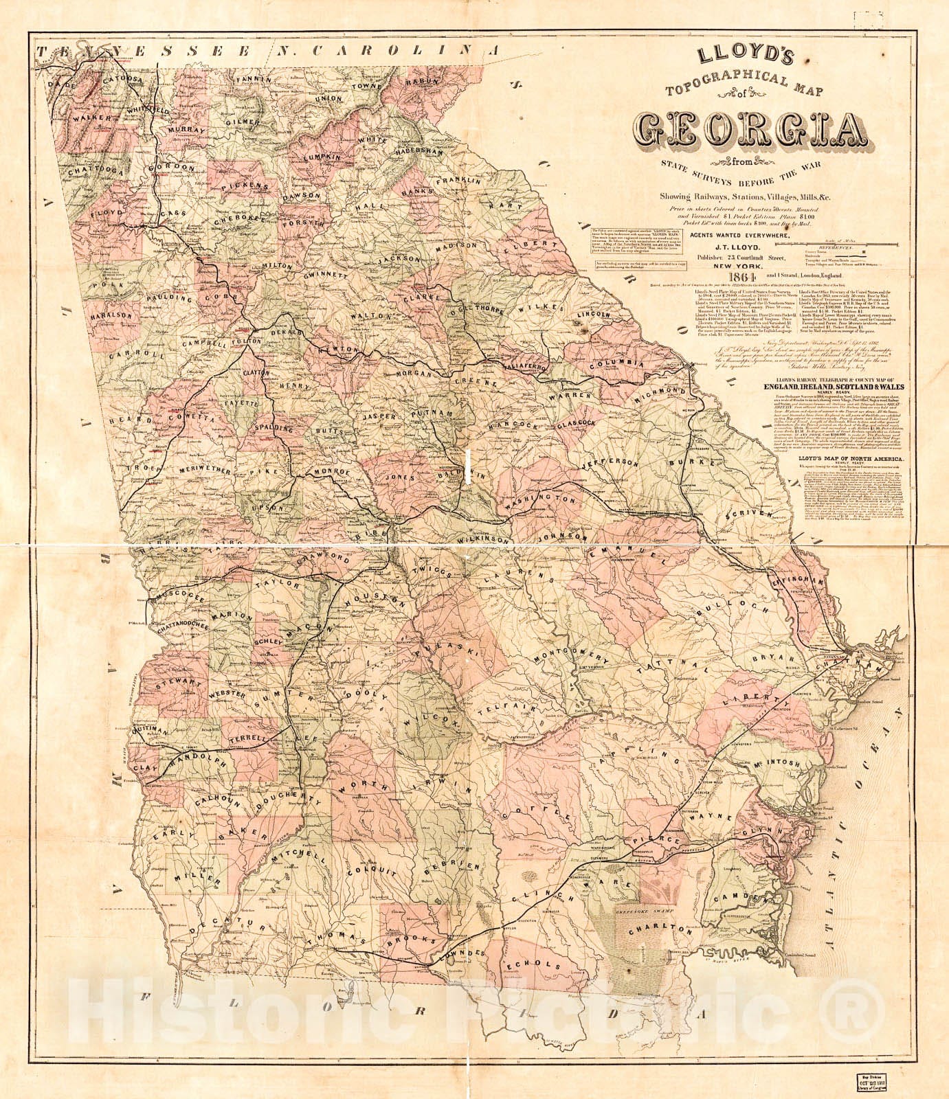Historic 1864 Map - Lloyd's Topographical map of Georgia from State surveys Before The war Showing Railways, Stations, Villages, Mills, c.