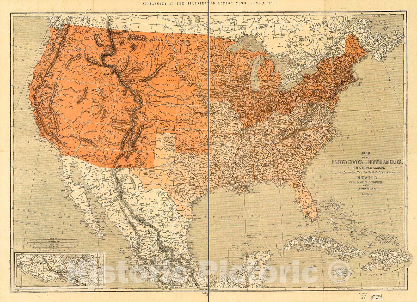 Historic 1861 Map - Map of The United States of North America, Upper & Lower Canada, New Brunswick, Nova Scotia & British Columbia. Mexico, Cuba, Jamaica, St. Domingo and The Bahamas