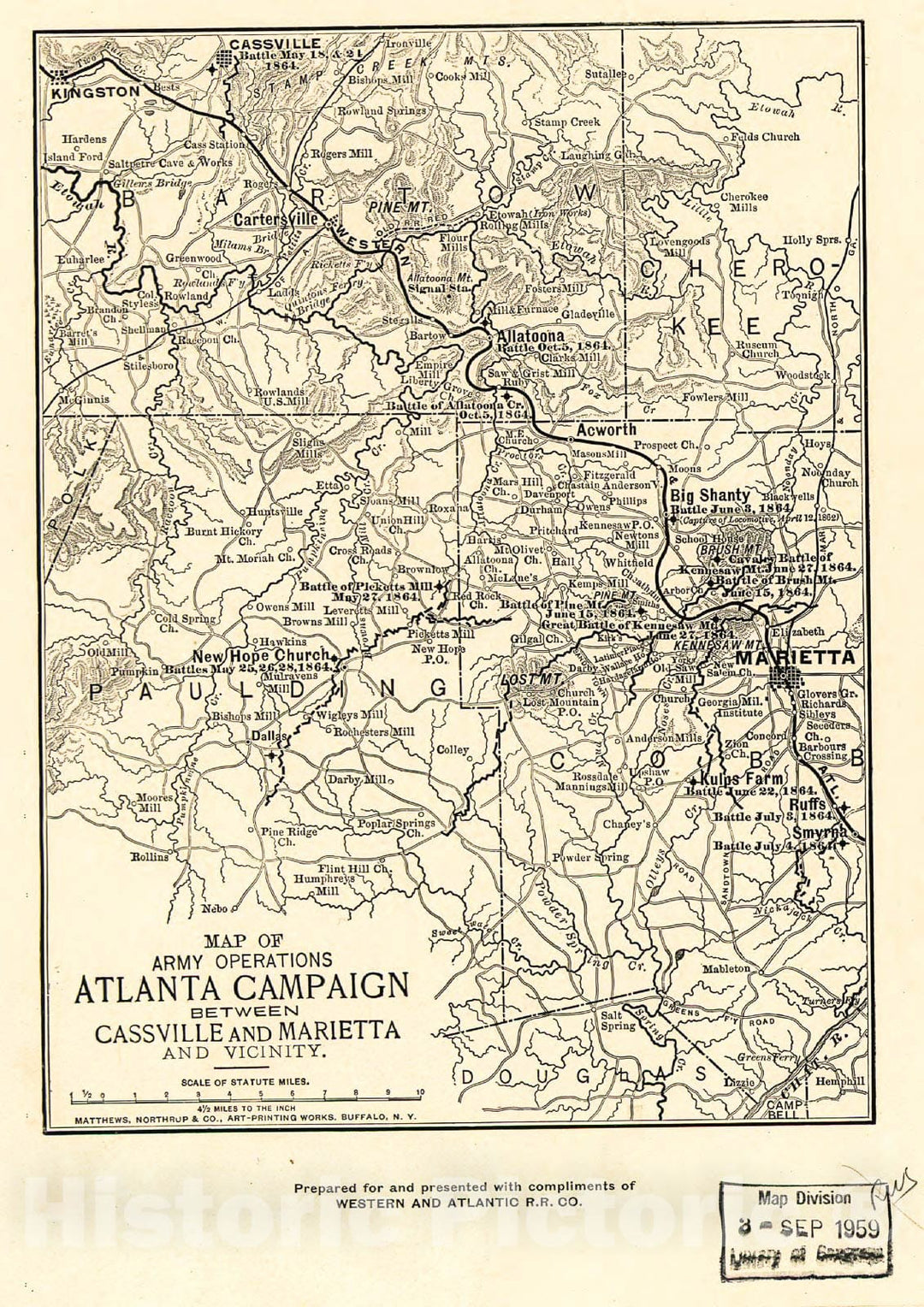 Historic 1864 Map - Map of Army Operations Atlanta Campaign Between Cassville and Mariette and Vicinity