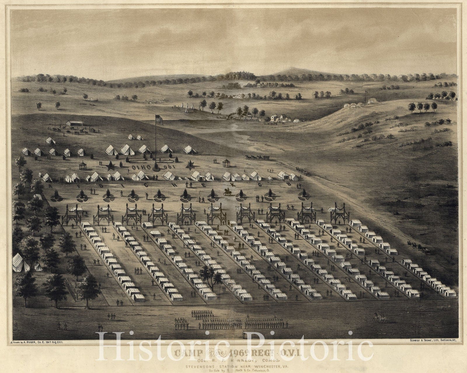 Historic 1860 Map - Camp of The 196th REGT. O.V.I. Col. R. P. Kennedy comdg. Stevensons Station Near Winchester, Va.