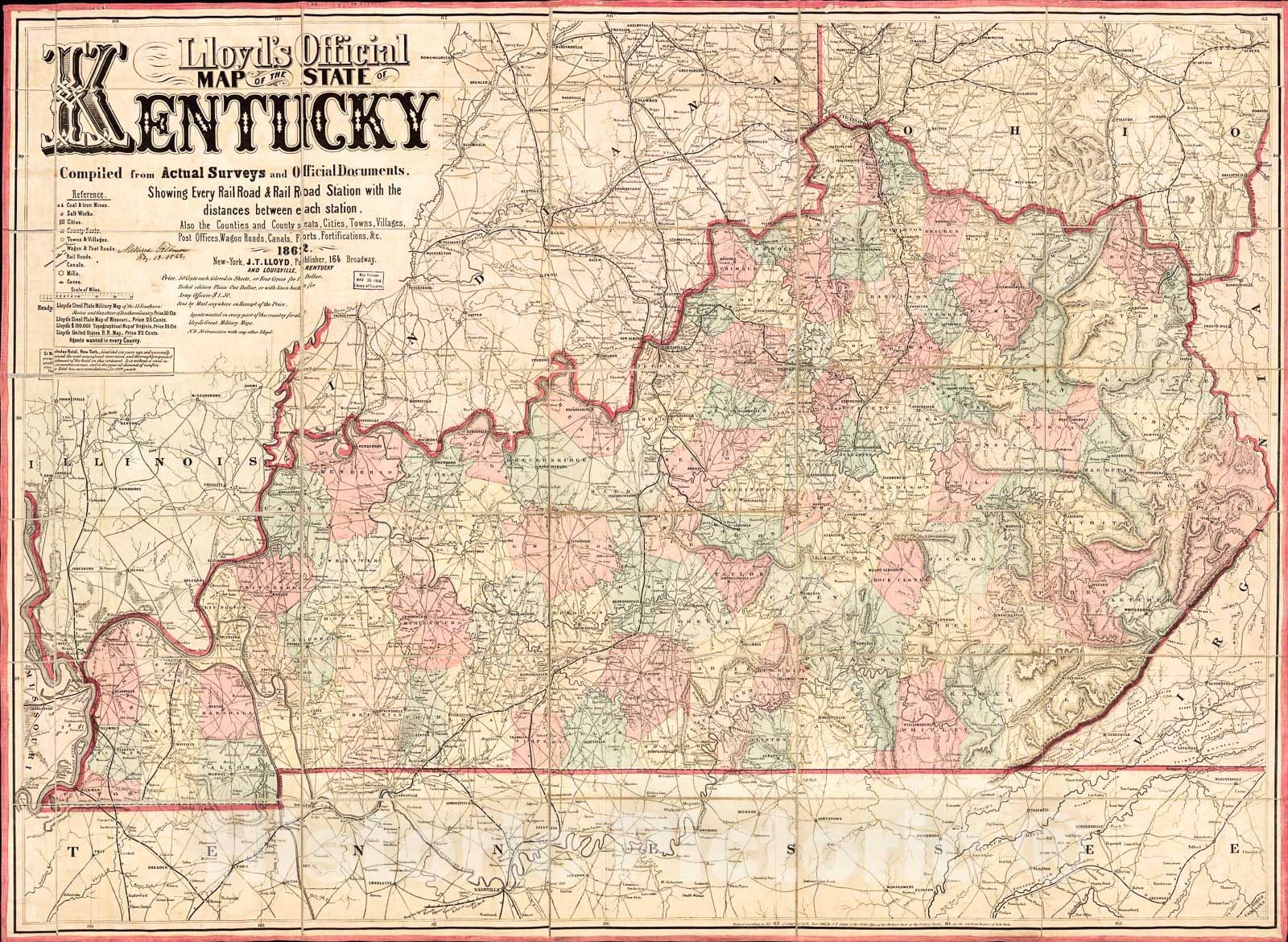 Historic 1862 Map - Lloyd's Official map of The State of Kentucky : compiled from Actual surveys and Official documents, Showing Every Rail Road & Rail Road Station