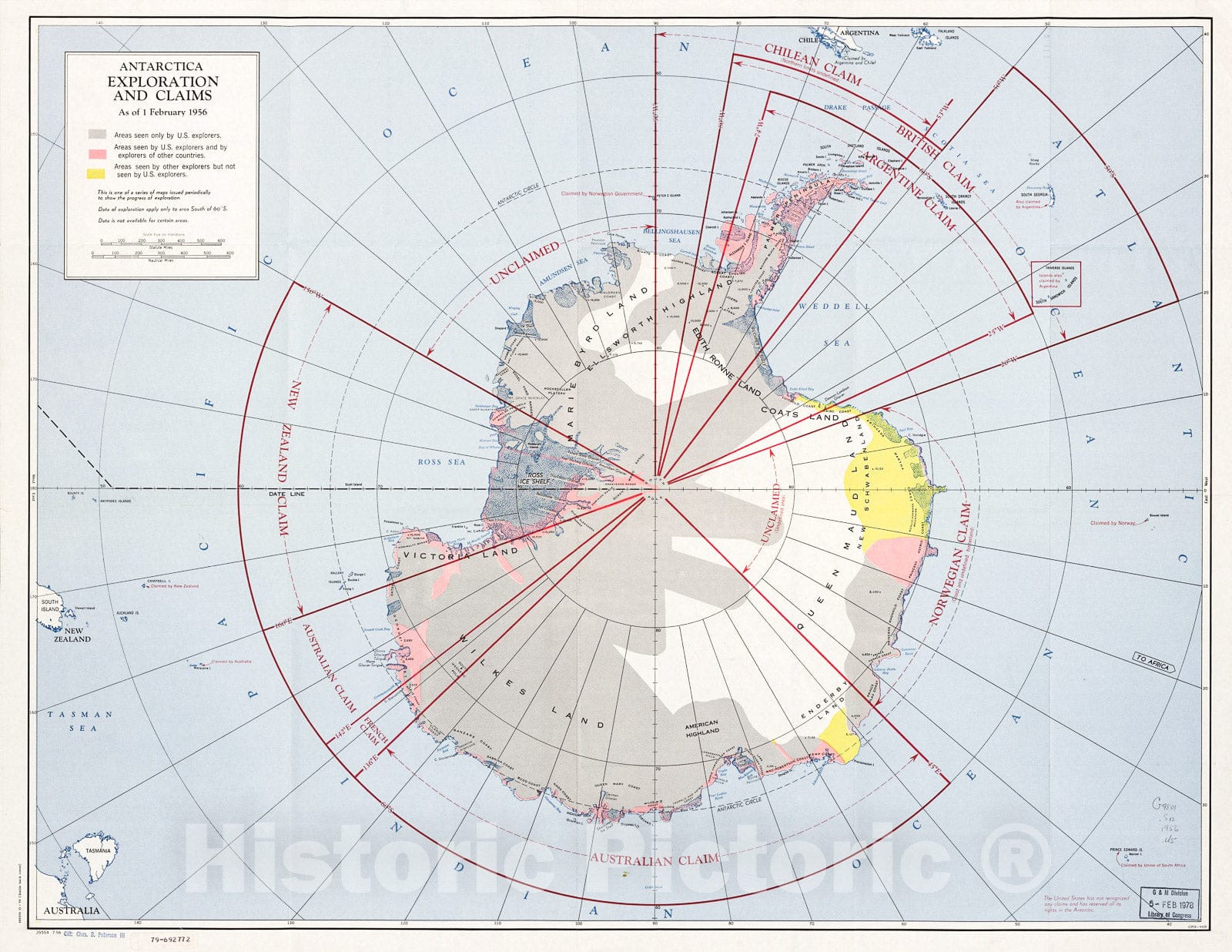 Historic 1956 Map - Antarctica Exploration and Claims, as of 1 February 1956.