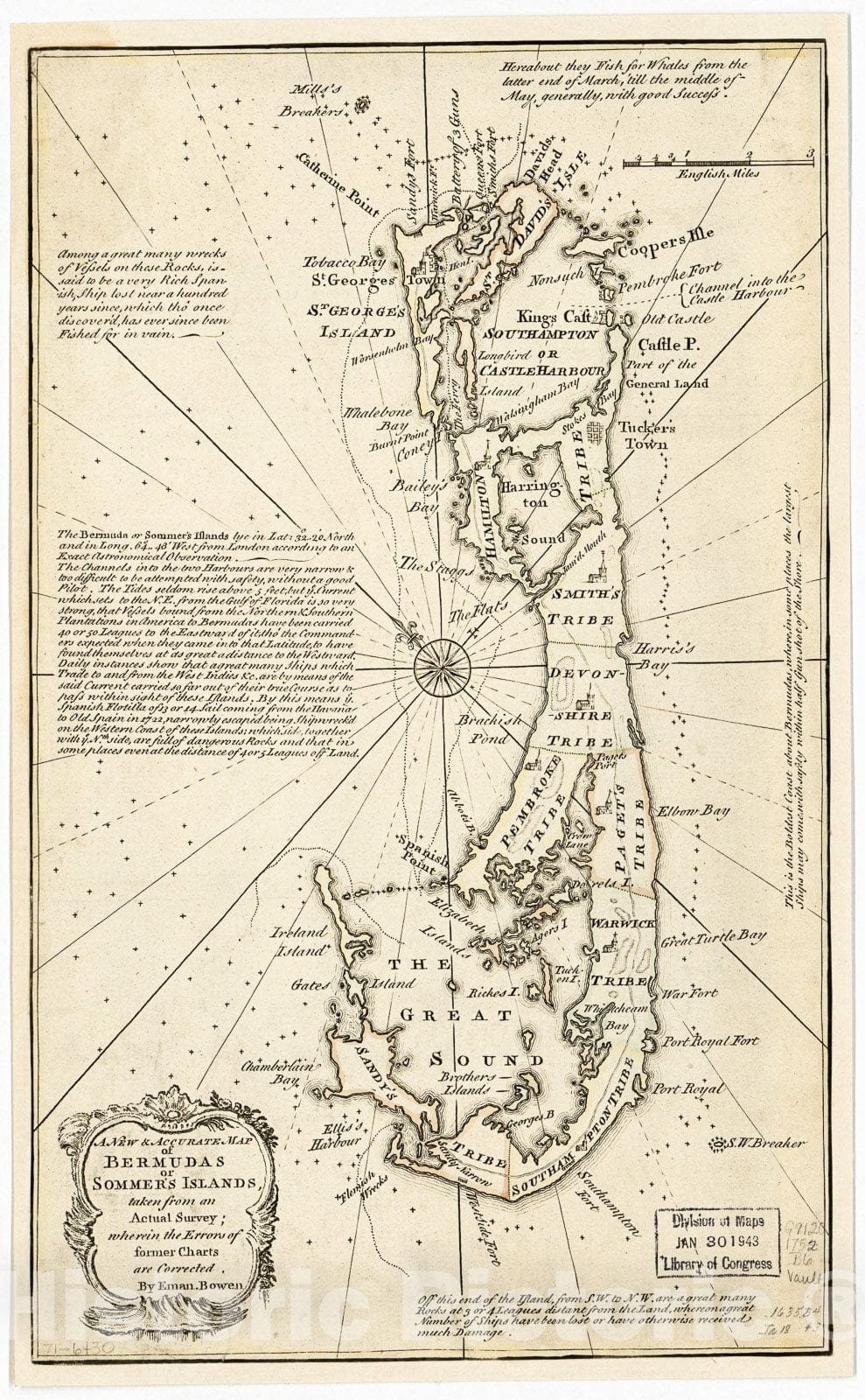 Historic 1750 Map - A New & Accurate map of Bermudas or Sommer's Islands, Taken from an Actual Survey; wherein The Errors of Former Charts are Corrected.