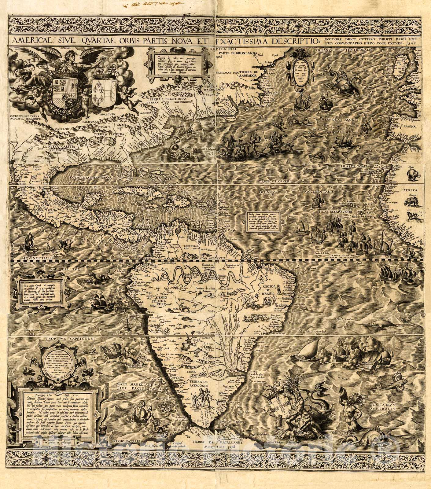 Historic 1562 Map - Americae sive qvartae orbis partis nova et exactissima descriptio