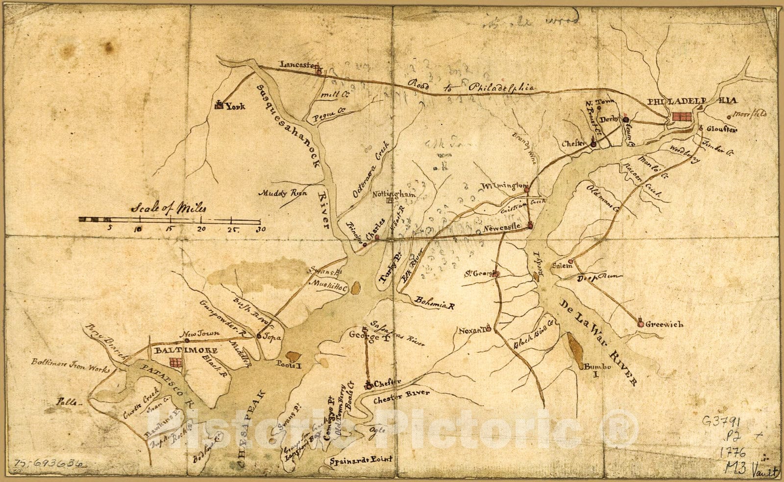 Historic 1776 Map - Map of The Country Between and bordering The Delaware River and Chesapeake Bay, Showing Roads to Philadelphia and localities.