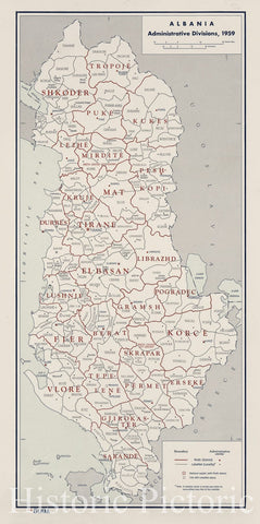 Historic 1959 Map - Albania, Administrative divisions, 1959. 6-60.