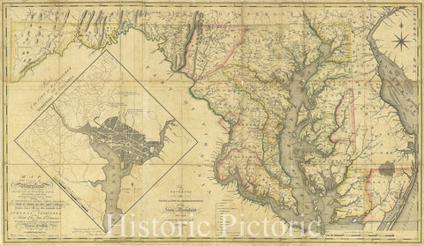 Historic 1794 Map - Map of The State of Maryland Laid Down from an Actual Survey of All The Principal Waters, Public Roads