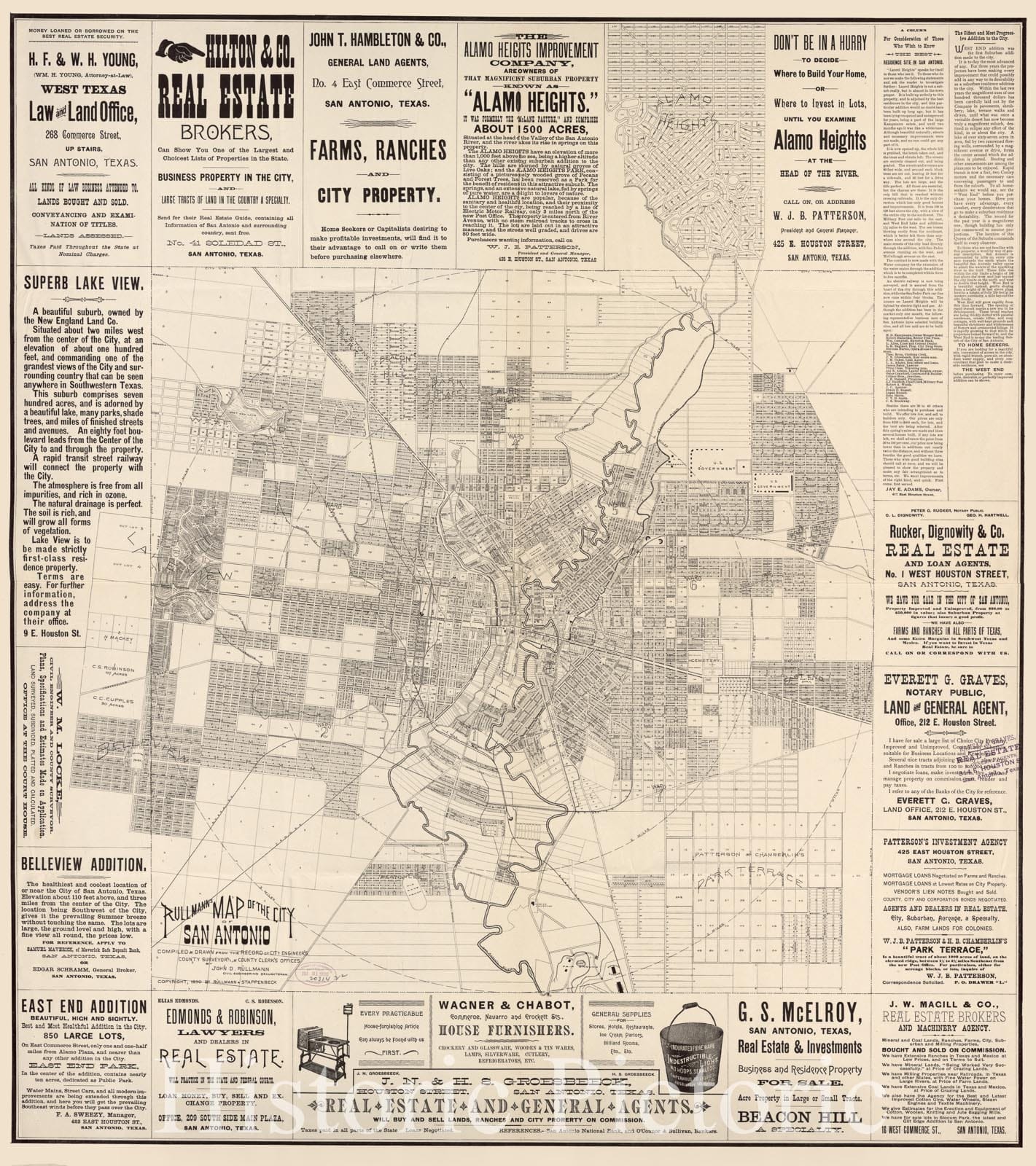 Historic 1890 Map - Rullman's map of The City of San Antonio