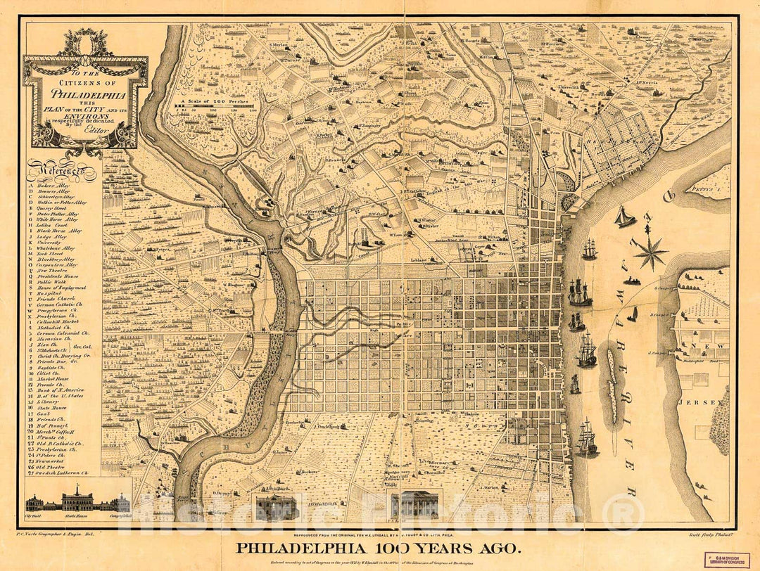 Historic 1875 Map - Philadelphia 100 Years ago.