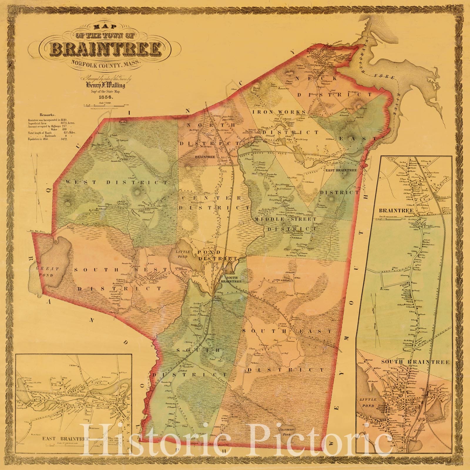 Historic 1856 Map - Map of The Town of Braintree, Norfolk County, Mass.