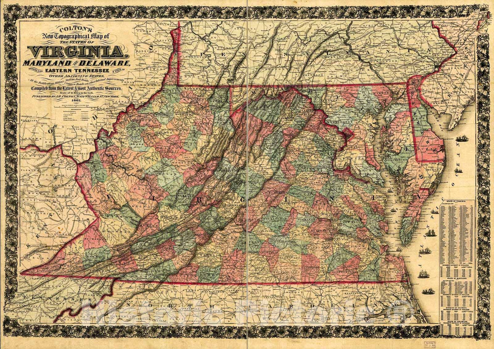 Historic 1862 Map - Colton's New Topographical map of The States of Virginia, Maryland & Delaware : Showing Also Eastern Tennessee & Parts of All The fortifications