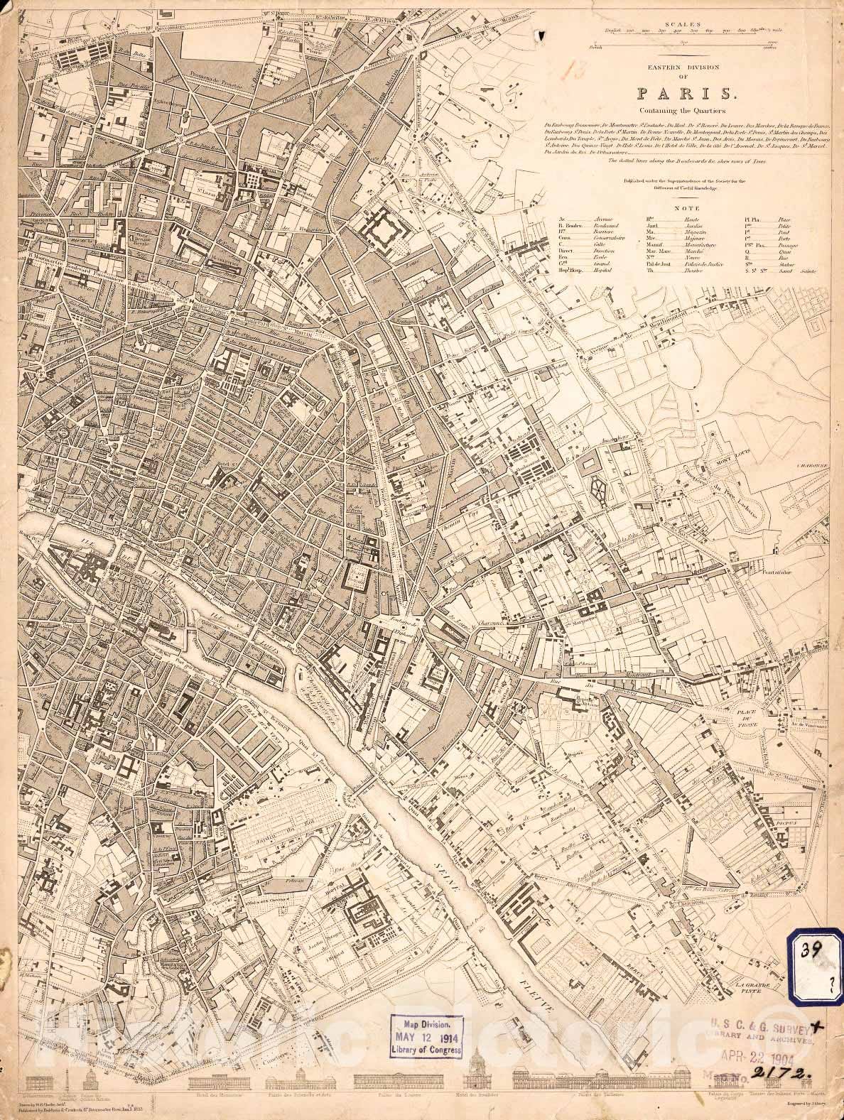Historic 1833 Map - Eastern Division of Paris : containing The Quartiers