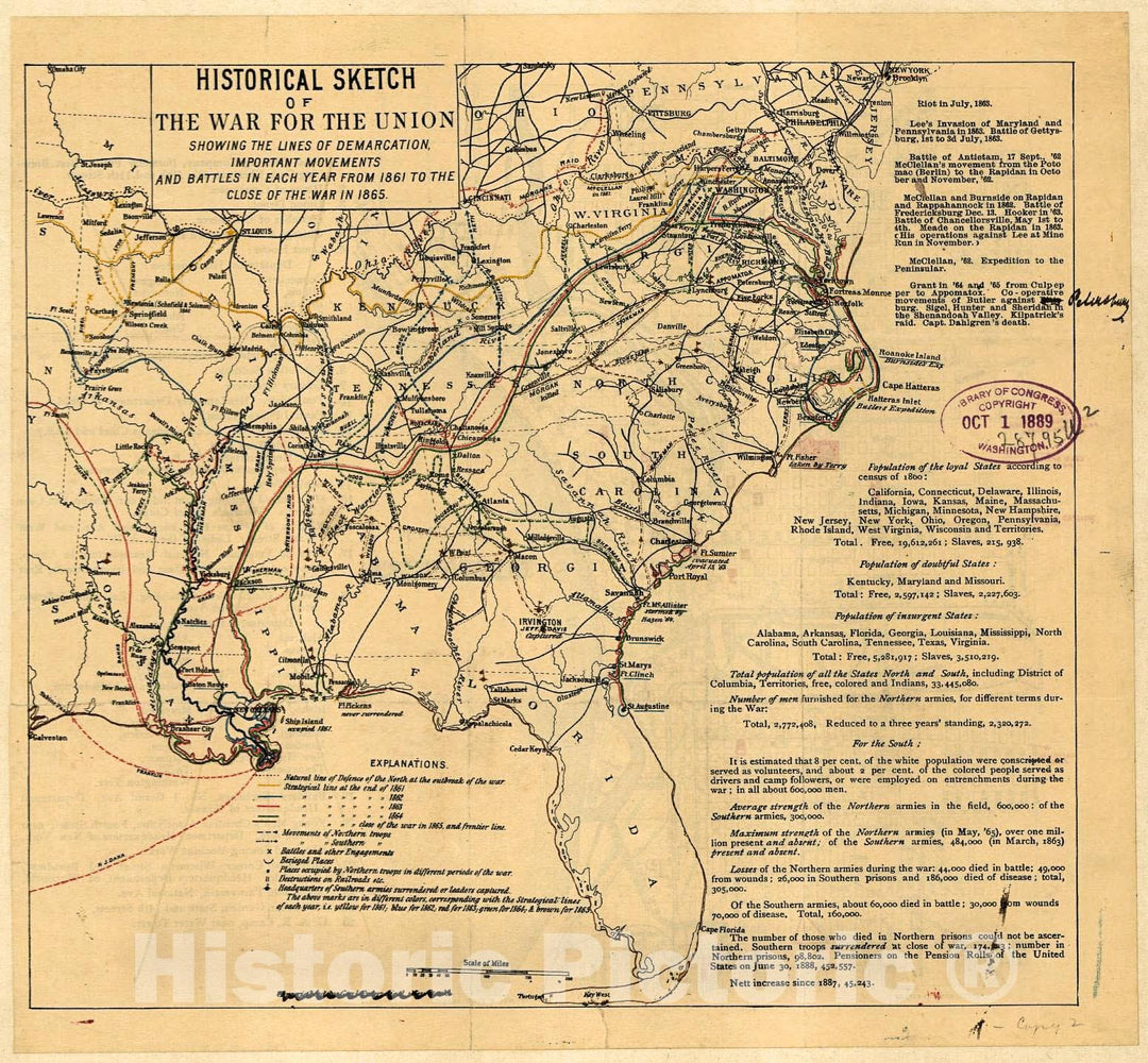 Historic 1889 Map - Historical Sketch of The war for The Union Showing The Lines of Demarcation, Important Movements and Battles in Each Year from 1861 to The Close of The war in 1865.