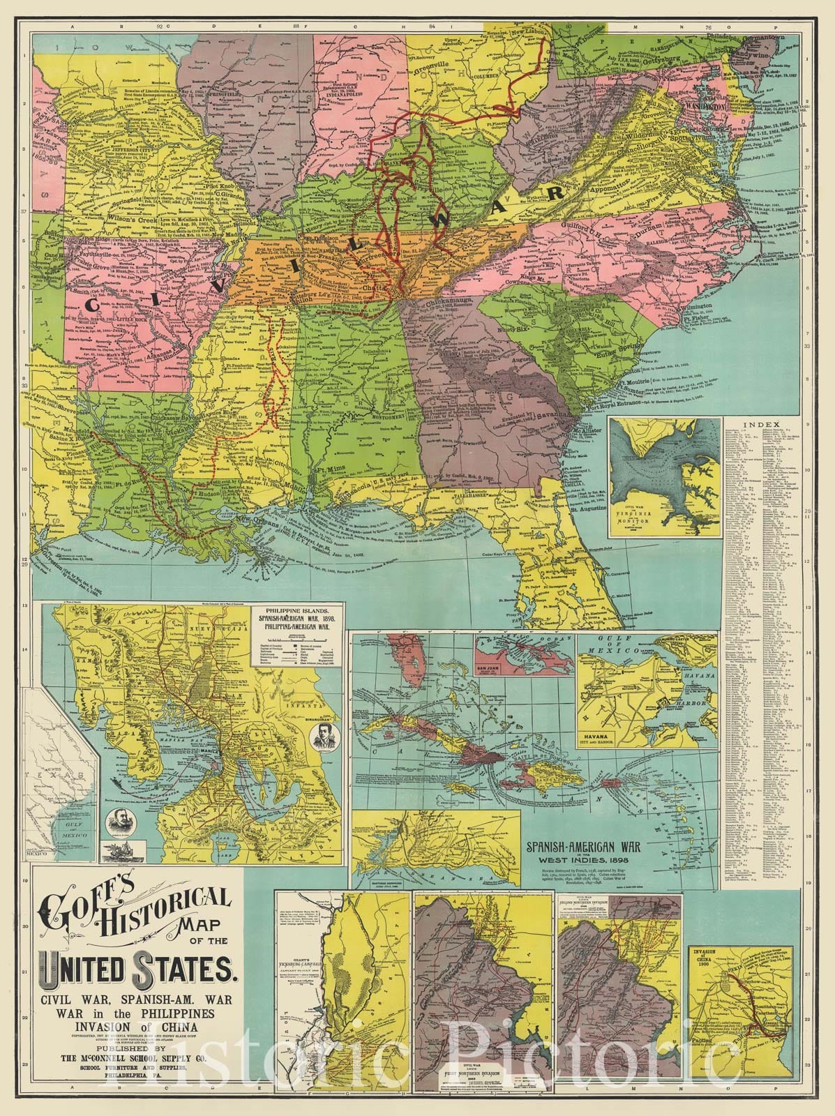 Historic 1907 Map - Goff's Historical map of The United States. Civil War, Spanish-Am. War, war in The Philippines, Invasion of China.