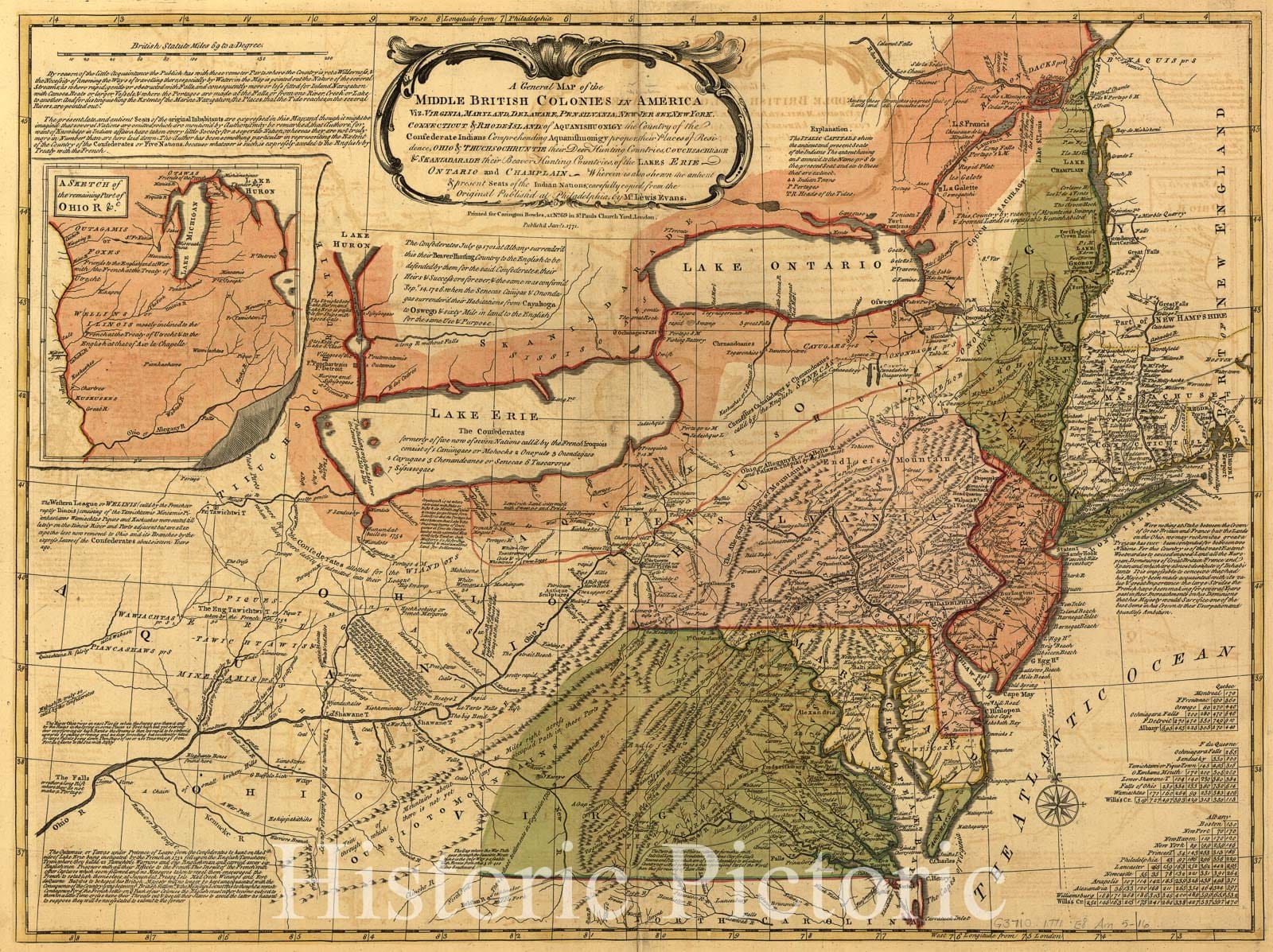 Historic 1771 Map - A General map of The Middle British Colonies in America, viz. Virginia, Maryland, Deleware, Pensilvania, New-Jersey, New York, Connecticut & Rhode Island